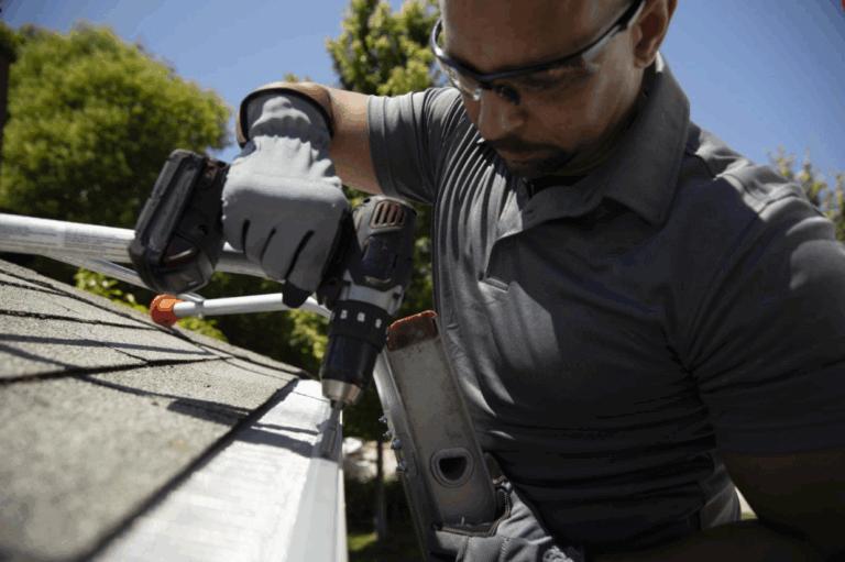 A person wearing safety glasses and gloves uses a cordless drill to install or repair a gutter with V-Bend Technology on the edge of a house roof on a sunny day, with trees visible in the background.